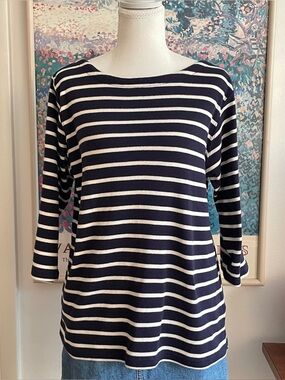 L.L.Bean Navy Striped Top Size Large 100% Cotton Preppy Coastal Nautical